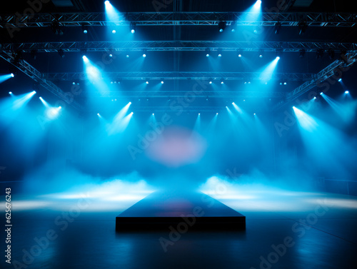 Empty modern fashion stage background with blue fog, podium and ceiling spotlights, mockup. Generative AI