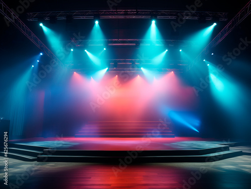 Modern empty stage background with colorful smoke, stair and ceiling spotlights, mockup. Generative AI