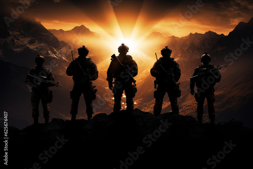 A group of armed soldiers in the light of the setting sun. A group of armed soldiers in the light of the setting sun. Veterans memorial day concept. © Stavros
