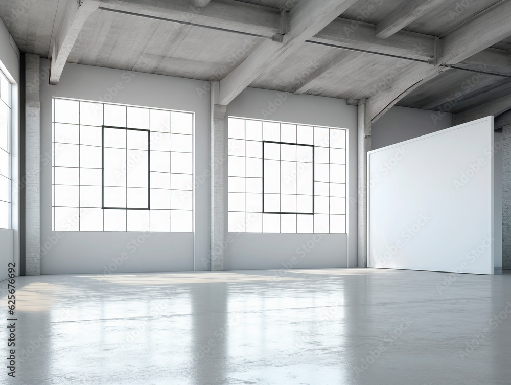 Perspective view of blank white wall in a modern sunny loft interior with concrete floor, mockup background. Generative AI Perspective view of blank white wall in a modern sunny loft interior with concrete floor, mockup background. Generative AI