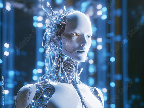 Closeup of white female cyborg head with neural network on blue lights blurred, robotics and artificial intelligence concept. Generative AI