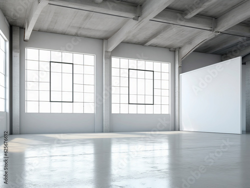 Perspective view of blank white wall in a modern sunny loft interior with concrete floor  mockup background. Generative AI