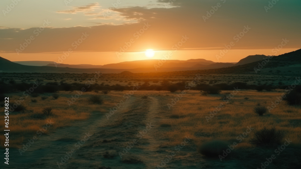 Sunset over a desert landscape.