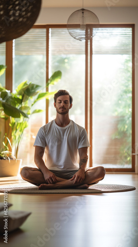 A young man practicing yoga in a bright living room filled with serene energy