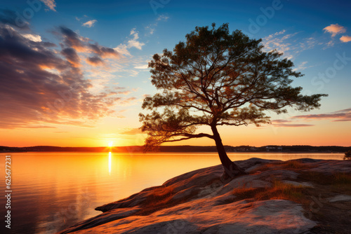 pine tree on a rocky shore at sunrise
