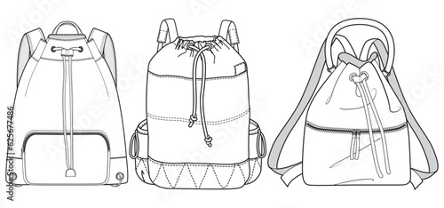 Set of drawstring Backpack bag flat sketch fashion illustration drawing template mock up, Backpack cad drawing. Bucket bag backpack flat sketch vector