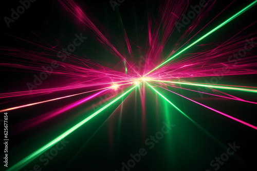 Abstract background with glowing laser lines of pink and green color