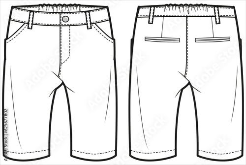 Baby boy chino wide leg pant design flat sketch fashion illustration vector template with front and back view, Toddler baby Casual chino trouser straight fit pants cad drawing mock up