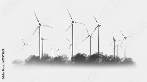 Row of floating wind turbines during hazy day watercolor in farm photo
