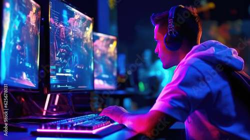 Professional gamers play video games on rgb pc