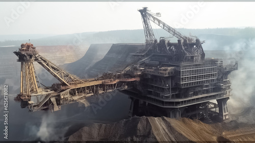 Giant bucket wheel excavator in coal mine, huge coal mining coal machine under cloudy sky. Open pit mine industry.