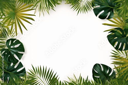 Palm leaves on summer background with blank white frame for design and decoration