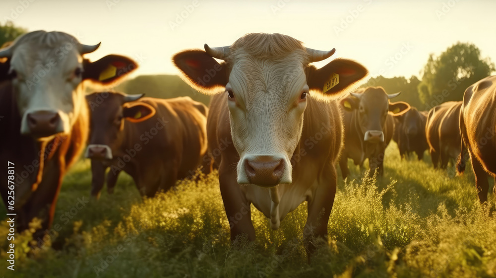 Close-up of a herd of bulls feeding on a green field in the morning