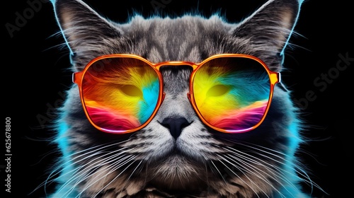 Portrait of Hipster White Cat wearing sunglasses and , animal fashion concept.
