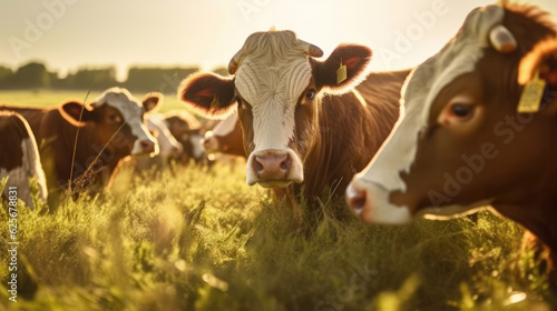 Close-up of a herd of bulls feeding on a green field in the morning