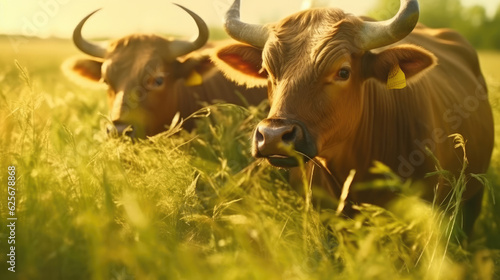 Close-up of a herd of bulls feeding on a green field in the morning