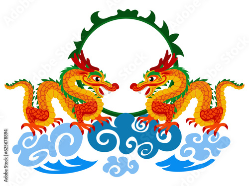 A vivid concept of a Japanese fantasy festival dragon. Two dragons on clouds with a frame. Cartoon dragons in juicy colors for a holiday on a white background. Oriental theme of the holiday