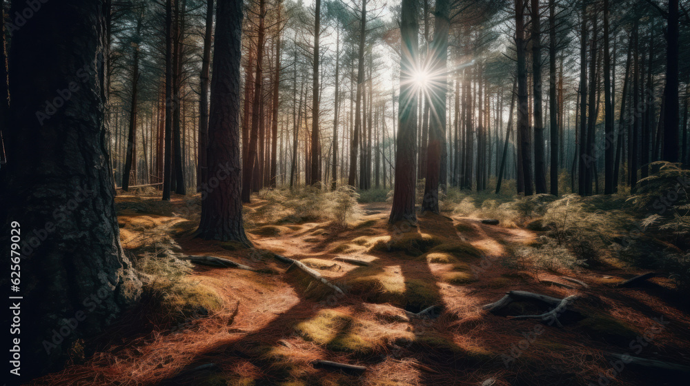 Obraz premium Sun shining through pine trees.