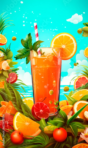 Ilustracion de vaso de baso de zumo de frutas colorido veraniego con fondo de playa