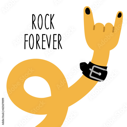 A long yellow hand with painted nails and straps with spikes. A musical sign of a rock festival, a hand gesture, an isolated cartoon illustration with an inscription. Insulated heavy metal lever