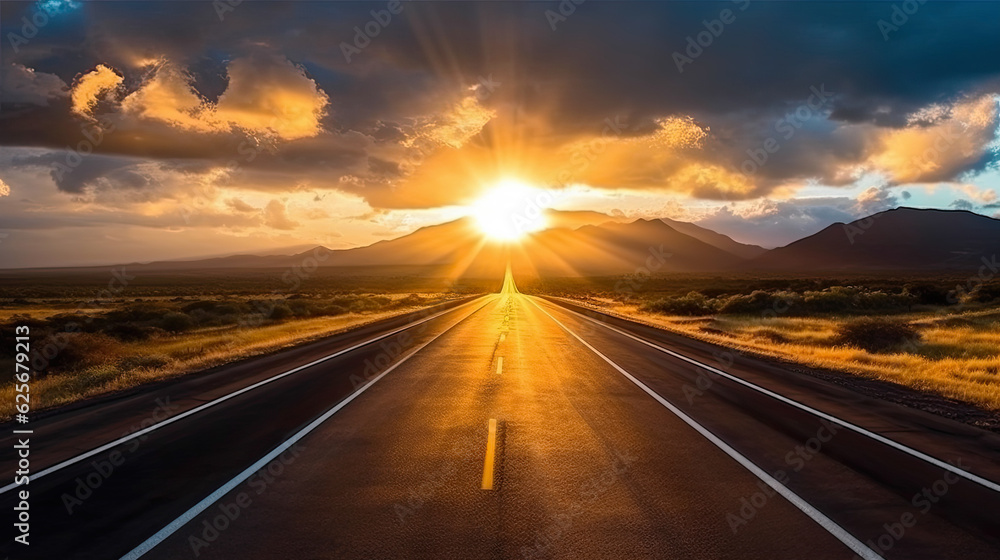 Panoramic Image of a Lonely, Endless Road During Sunset on Desert