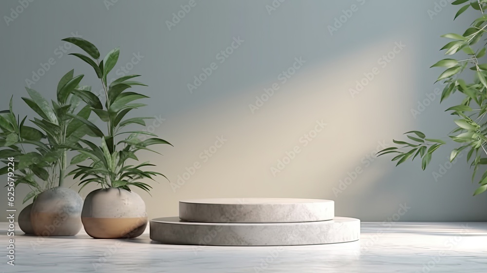 3d render of minimal display podium for product presentation with green plants