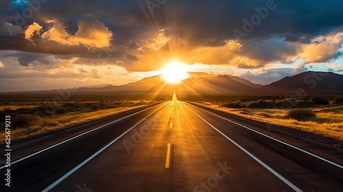 Panoramic Image of a Lonely, Endless Road During Sunset on Desert