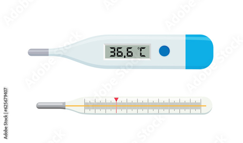 Medical thermometer. Classic medical mercury and electronic thermometer for temperature measurement. Degree thermometer device isolated icons set. Healthcare and medical equipment vector illustration