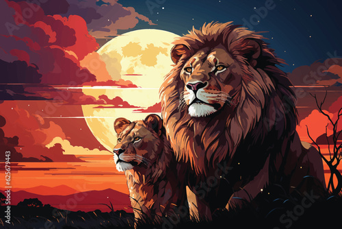 vector flat color cartoon illustration of Maasai Mara moonrise, Lions silhouette against a starry African night sky