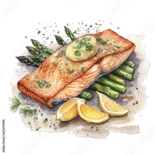 Salmon, Asparagus and Lemon, watercolor drawing illustration, in the style of highly detailed figures isolated on transparent background png - Generative AI