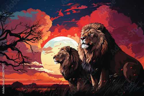 vector flat color cartoon illustration of Maasai Mara moonrise, Lions silhouette against a starry African night sky © Muhammad Ishaq