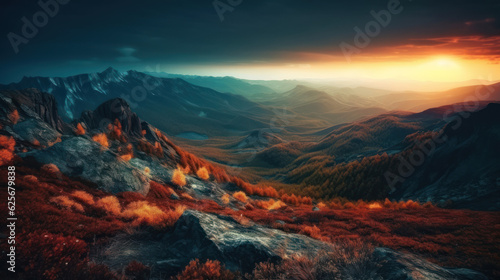 Surrealistic mountains sunset. Unusual landscape. Copy space abstract background. © Matthew