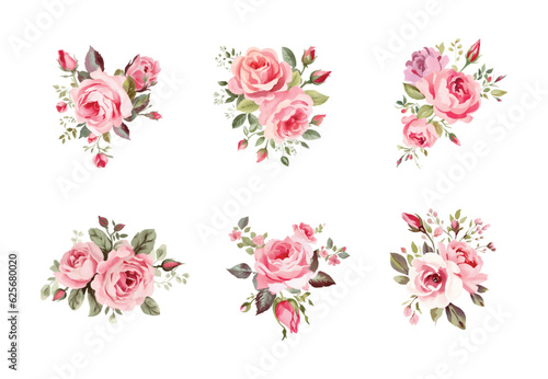 Set of floral branch. Flower pink rose, green leaves. Wedding concept with flowers. Floral poster, invite. Vector arrangements for greeting card or invitation design