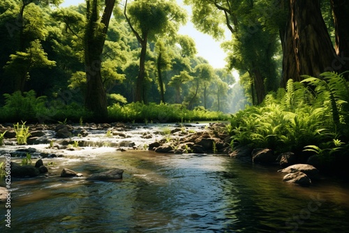 Photography of landscapes of rivers with lush vegetation, Generative AI