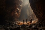 Photograph of people exploring underground caves, Generative AI