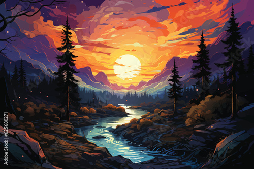 vector flat color cartoon illustration of Milky Way paradise, Nature's beauty enhanced by the enchanting Milky Way backdrop