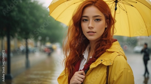 Portrait of a young woman in metropolitan style, in the rain, freckles, red hair, yellow coat