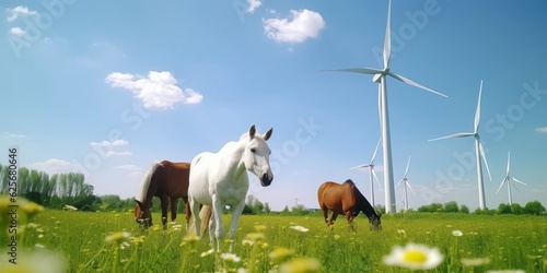 Horses Grazing in Front of Wind Turbines on a Fresh Meadow  Embracing Green Energy Amidst Scenic Summer Beauty