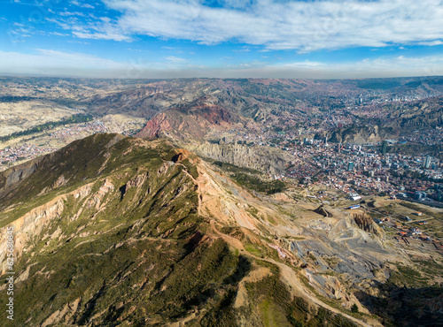 Aerial view from the impressive landmark Muela del Diablo down into the valley with the highest capital and vibrant city La Paz and El Alto, Bolivia
