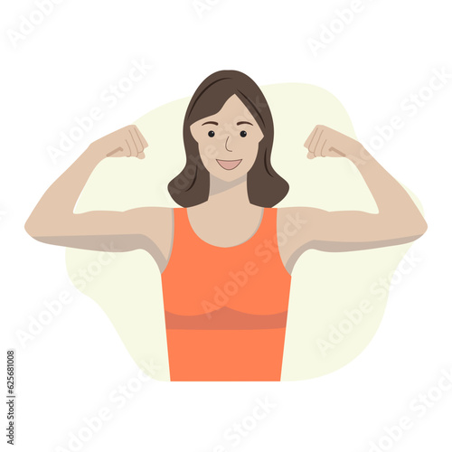 Smiling woman raising arm showing biceps, muscles concept for banner, poster, website, etc