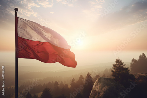 Close up waving flag of Poland on background of sunset sky. Flag symbols of Poland. National day of the Republic of Poland. November 11th. Generative AI.. 