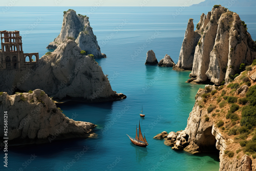 Fototapeta premium view of the sea with boat, ruins and rocks. 