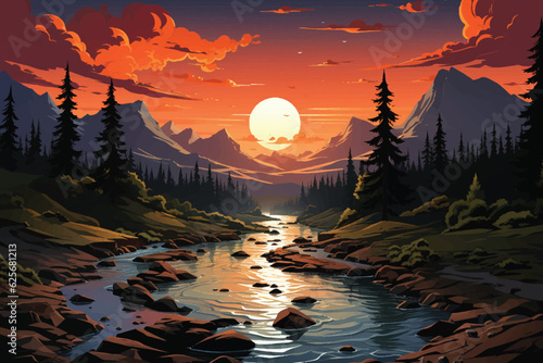 vector flat color cartoon illustration of Rocky river glow, Sunset colors reflect on the tranquil mountain stream