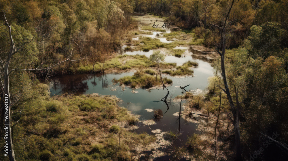 Fototapeta premium Swamp, river and trees seen from above.