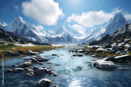 Photography of mountain landscapes with crystal clear rivers, Generative AI