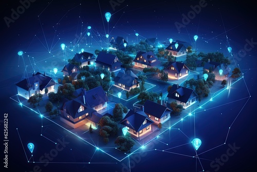 Suburban community connected with smart homes at night. Digital society grid. Future neighborhood network. Smart home small town at night. Smart city connectivity. Smart living. Generative AI