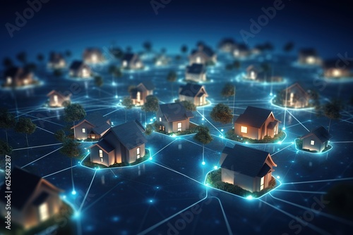 Suburban community connected with smart homes at night. Digital society grid. Future neighborhood network. Smart home small town at night. Smart city connectivity. Smart living. Generative AI