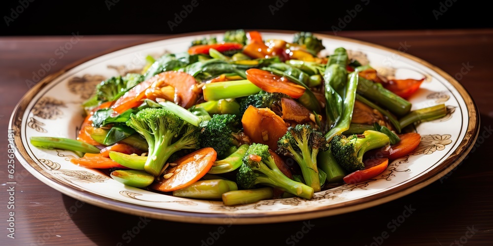 AI Generated. AI Generative. Stir fried fresh vegetables. Healthy diet meal food on plate. Dinner family restaurant time