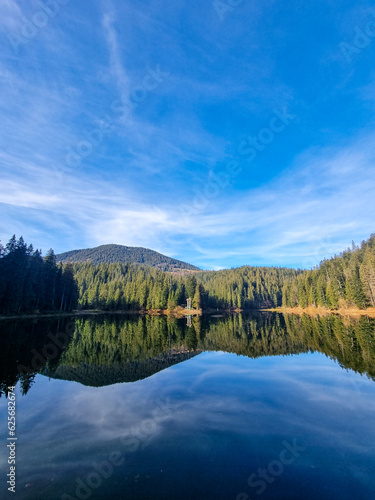 A panoramic view of a high mountain lake Synevir located in the Carpathian Mountains in Ukraine. 
