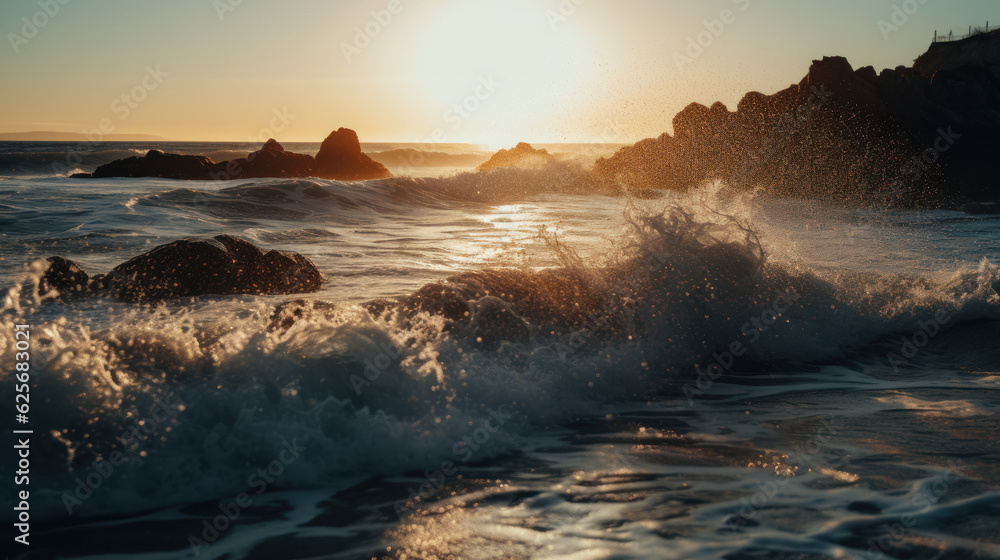 The soothing sound of waves crashing against the shore. The sun glints off each wave as it hits the beach.